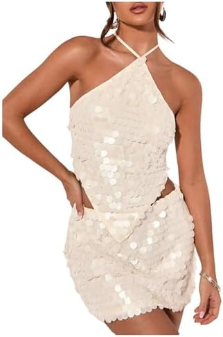 SweatyRocks Women's Sexy Sequin Halter Tops Crisscross Tie Backless Asymmetrical Y2k Going Out Pa... | Amazon (US)