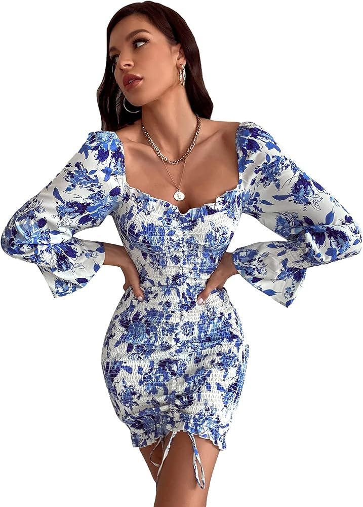Floerns Women's Summer Floral Print Square Neck Long Sleeve Bodycon Mini Dress | Amazon (US)