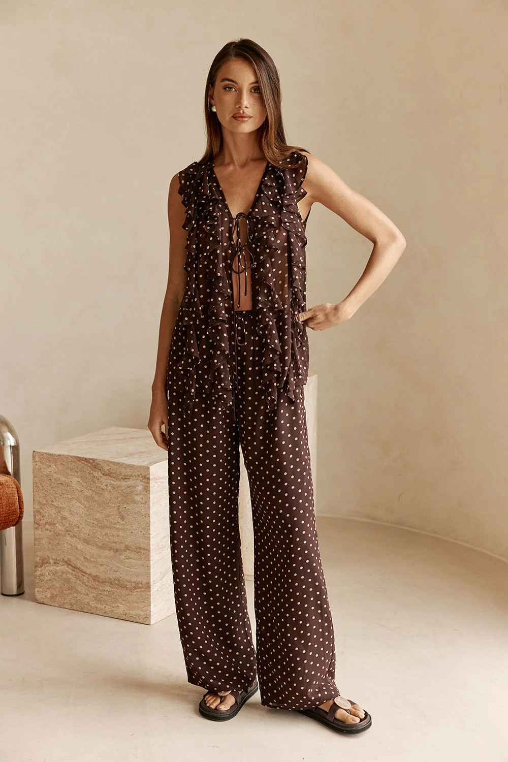 Chocolate Speck Polka Dot Ruffle Tie Elm Top | Sabo Skirt US