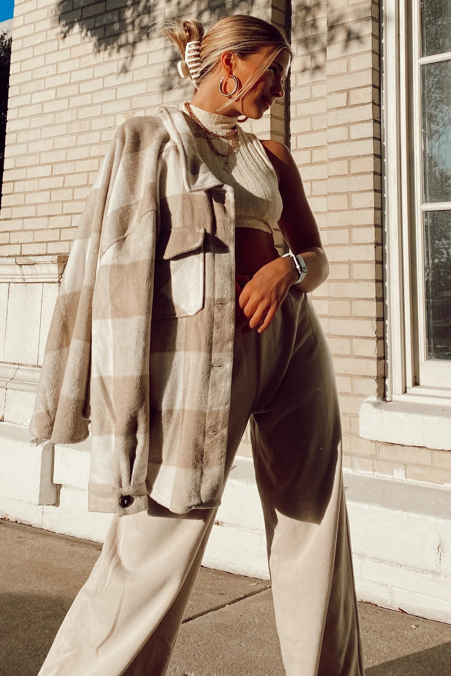 Beige Plaid Knit Shirt Jacket | PinkBlush Maternity