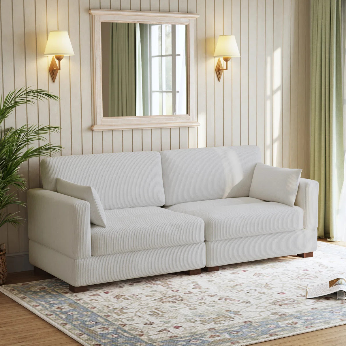 Bentura Upholstered Beige Corduroy Modular Sofa with Pillow Back and Solid Wood Legs | Wayfair North America