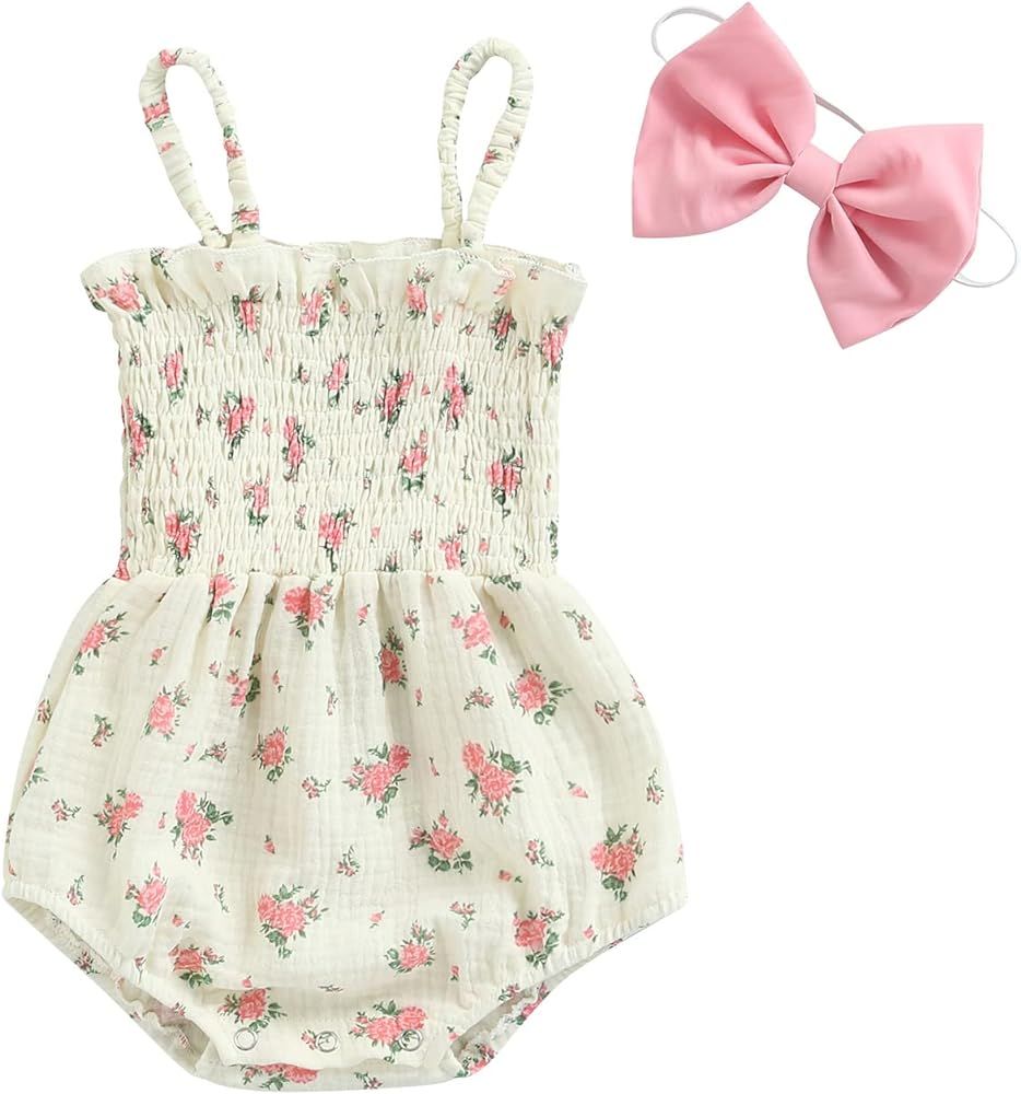 Infant Baby Girls Floral Cotton Strappy Halter Romper Bodysuit and Headband Ruffled Jumpsuit Sunsuit | Amazon (US)