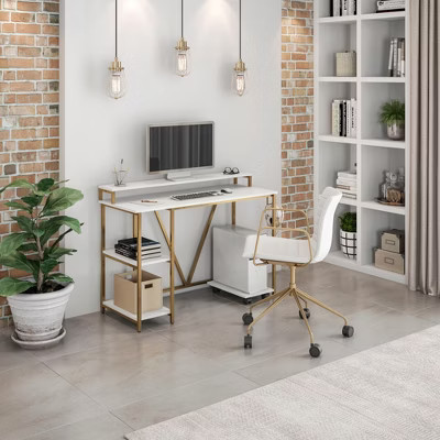 FONTOI Industrial Writing Desk Computer Desk Workstation with Open Shelf and Rolling Cpu Board Work Table for Office Study, Gold, 46.5"* 19"*34.25" | Target