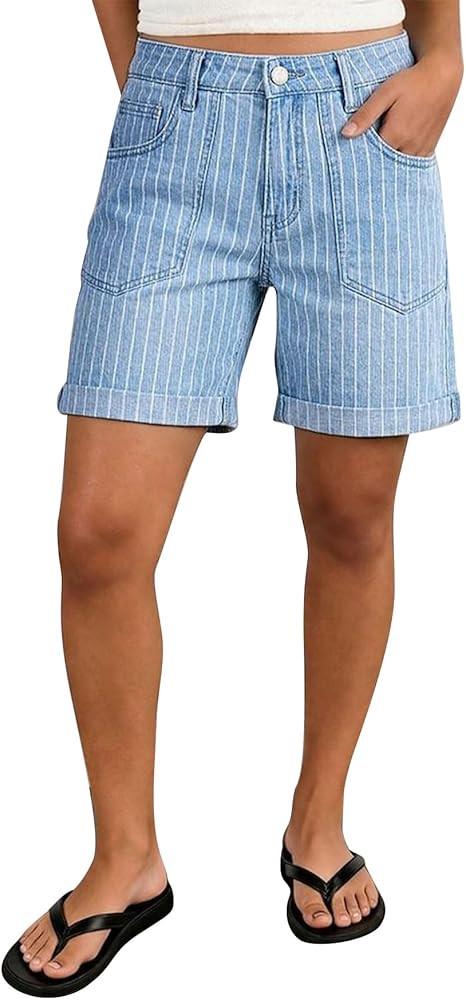 Flamingals Wide Leg Shorts for Women Mid Waist Pinstriped Roll Hem Casual Denim Shorts | Amazon (US)