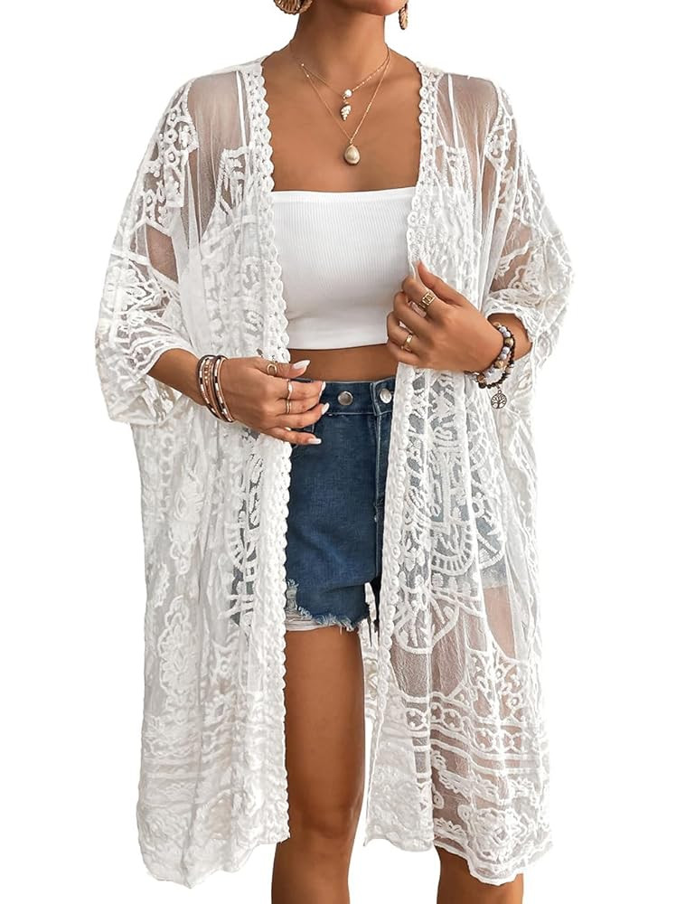 Bsubseach Lace Kimonos for Women 2025 Swim Cover Up Summer Beach Coverup Open Front Sheer Kimono ... | Amazon (US)