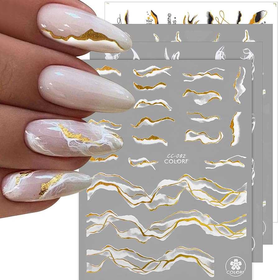 12 Sheets Nail Art Stickers Decals,TOROKOM Self-Adhesive White Black Gold Stripe Line Nail Decals... | Amazon (US)