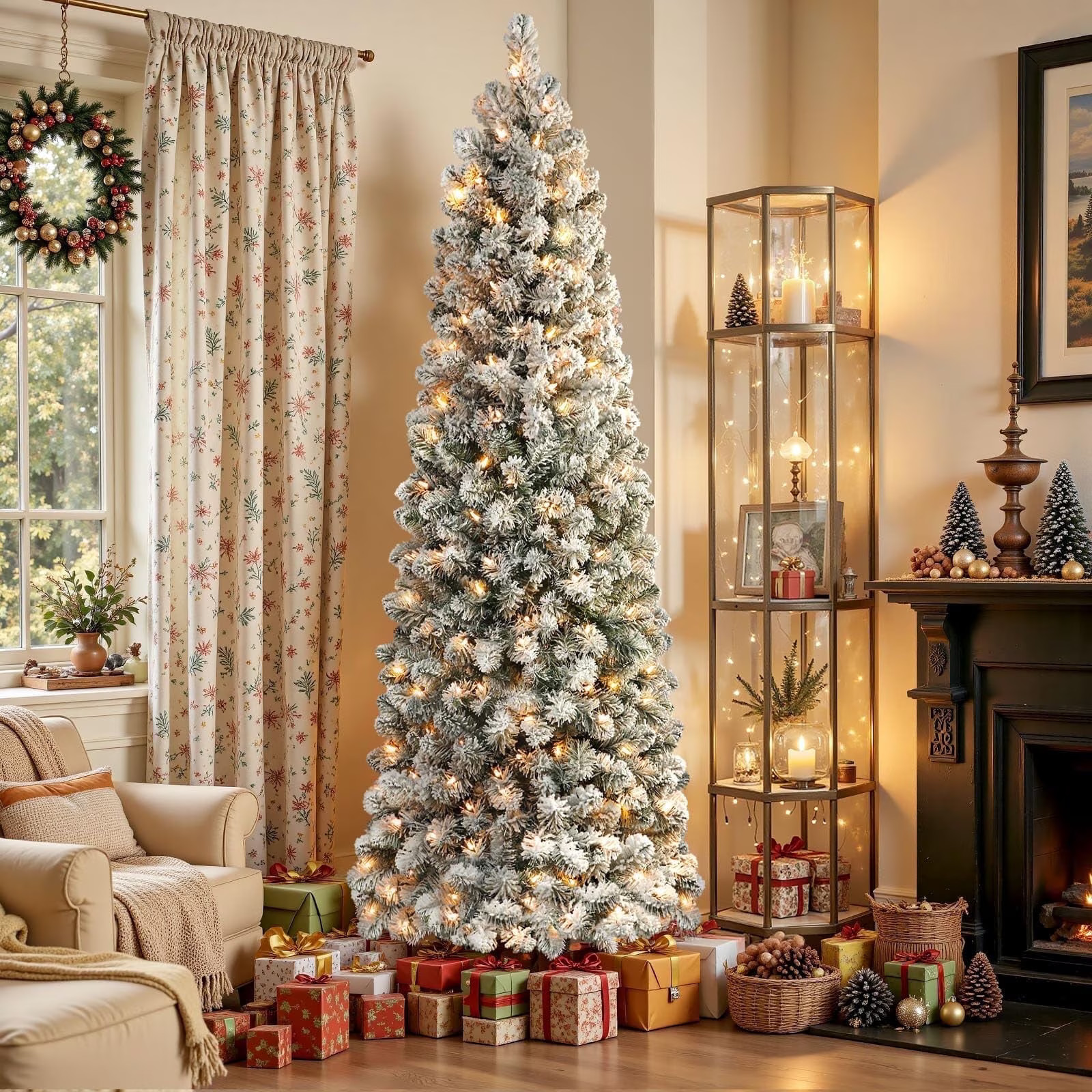 Alupssuc 6.5ft Prelit Snow Flocked Artificial Pencil Christmas Tree with Warm White Lights, Full Branch Tips, Perfect Choice Decoration for Xmas Holiday | Walmart (US)