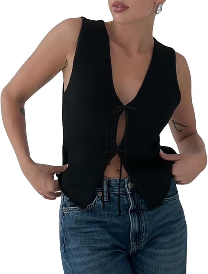 Women Knit Vest Y2k Sleeveless Tie-Up V Neck Open Front Vintage Solid Color Crochet Tank Tops Str... | Amazon (US)