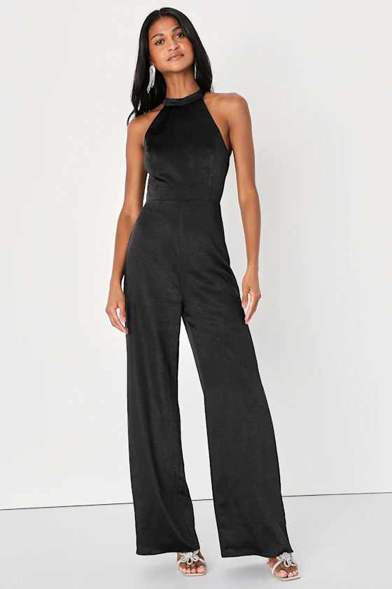 Elegant Love Black Satin Tie-Back Wide-Leg Jumpsuit | Lulus (US)