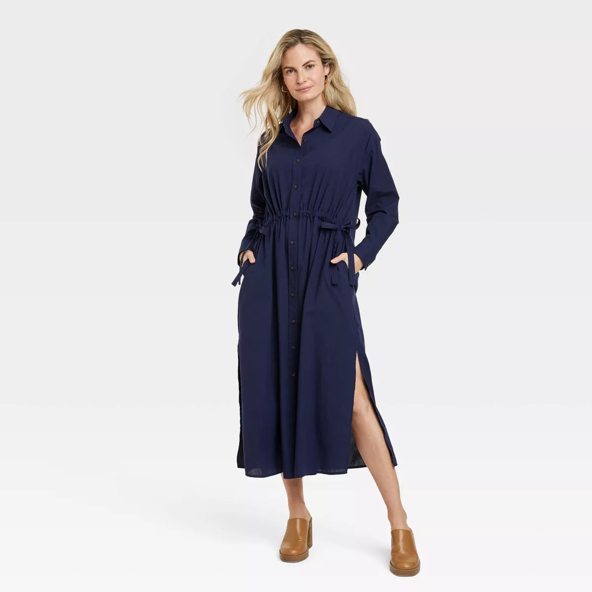 Women's Long Sleeve Cinch Waist Maxi Shirtdress - Universal Thread™ Blue Striped L | Target