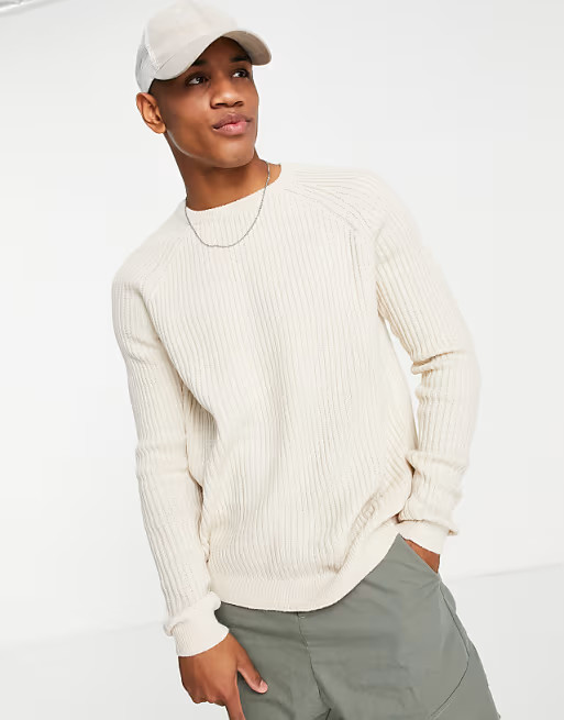 ASOS DESIGN knitted rib crew neck sweater in oatmeal | ASOS (Global)