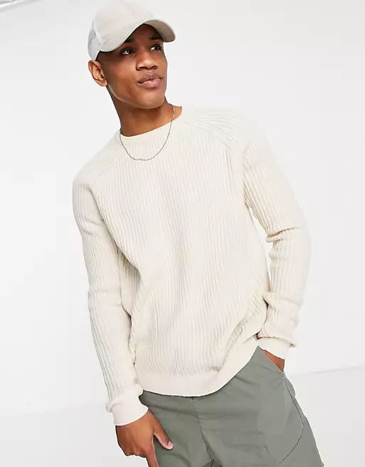 ASOS DESIGN knitted rib crew neck sweater in oatmeal | ASOS (Global)