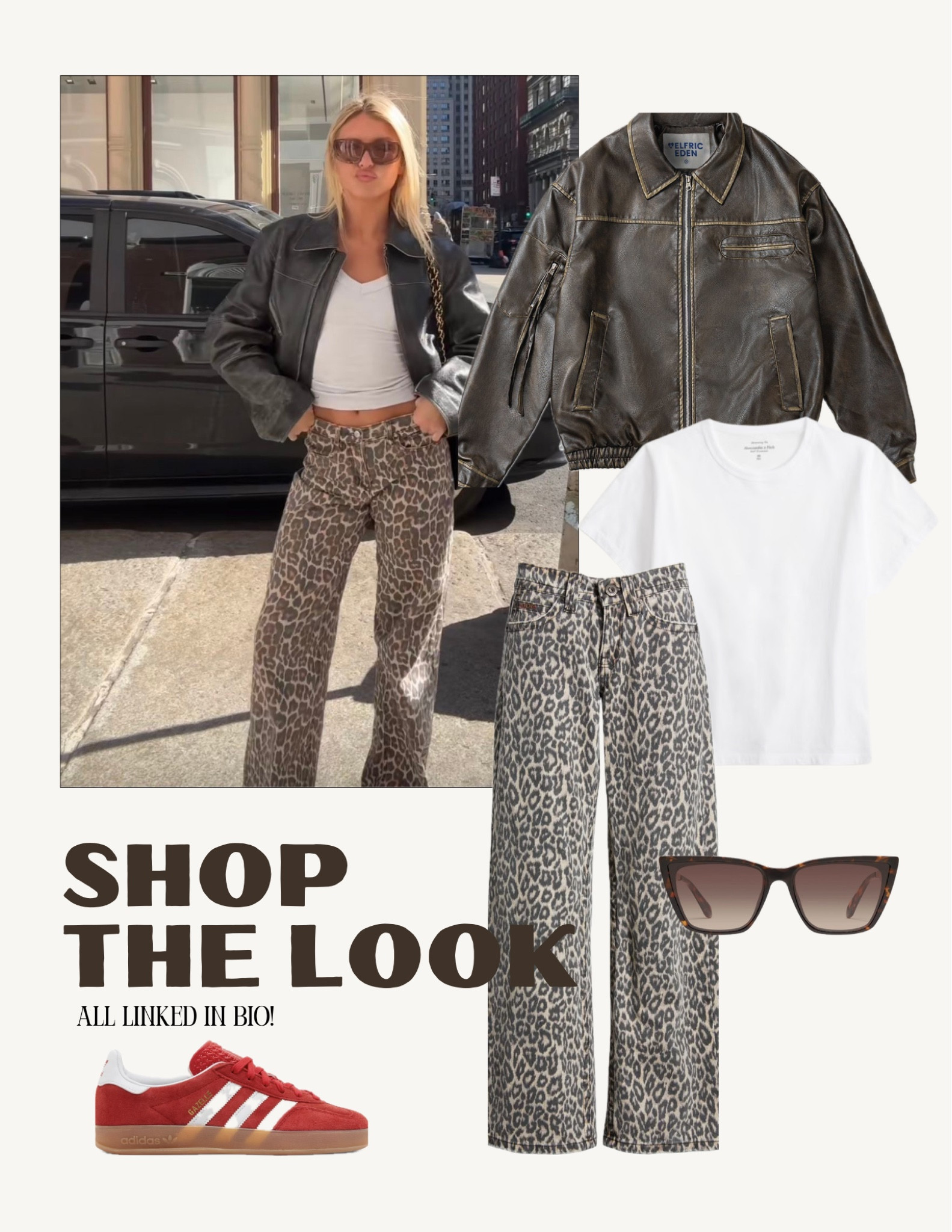 fall outfit inspo: leopard print jeans, oversized leather jacket, basic white tee, red adidas sneakers, sunglassess

#LTKShoeCrush #LTKStyleTip #LTKSeasonal