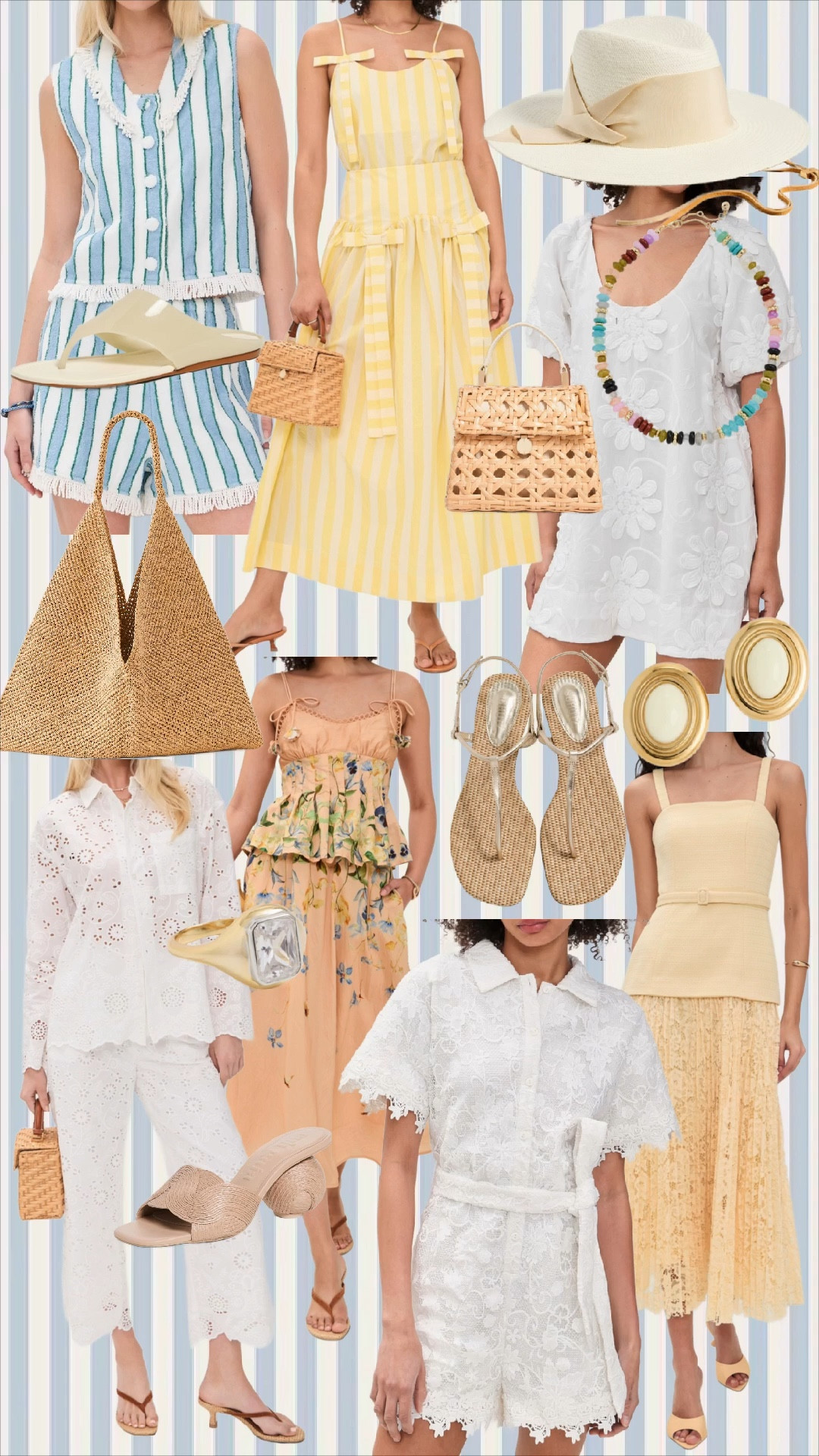 @Shopbop spring sale code SPRING20 

The prettiest spring-to-summer finds are here 🌼✨
Soft stripes, feminine lace, and all the woven textures we love—these pieces are giving coastal garden party meets Nantucket weekend 💛 Whether you’re headed to brunch, vacation, or just want to feel extra put-together running errands, these are the effortless classics you’ll reach for on repeat.

Think timeless silhouettes, breathable fabrics, and those heirloom-inspired details that make every outfit feel special 🤍

⸻

SHOP THE LOOK (linked in LTK):
• Blue + white striped fringe short set
• Yellow bow strap midi dress
• White floral textured mini dress
• White eyelet matching set (top + pants)
• Peach floral tiered midi dress
• White lace belted romper
• Cream fitted tank + lace midi skirt set

Accessories:
• Woven straw tote (large everyday bag)
• Top handle wicker handbag
• Structured straw mini bag
• Neutral rubber flip flops
• Raffia thong sandals
• Woven block heel sandals
• Clear mini handbag
• Oversized straw sun hat
• Colorful beaded necklace
• Gold statement bangles

⸻

Hashtags:
#LTKStyle #LTKFinds #LTKSeasonal #SpringStyle #SummerStyle #CoastalStyle #GrandmillennialStyle #ClassicStyle #FeminineStyle #ResortWear #VacationStyle #NantucketStyle #SouthernStyle #EffortlessStyle #ChicFinds #AmazonFinds #ResortOutfits #BrunchOutfit #BeachToBrunch #TimelessStyle #NeutralStyle #WovenBags #StrawAccessories #EyeletDress #StripedDress #SummerOutfits #OOTDInspo

#LTKSaleAlert #LTKTravel #LTKSwim