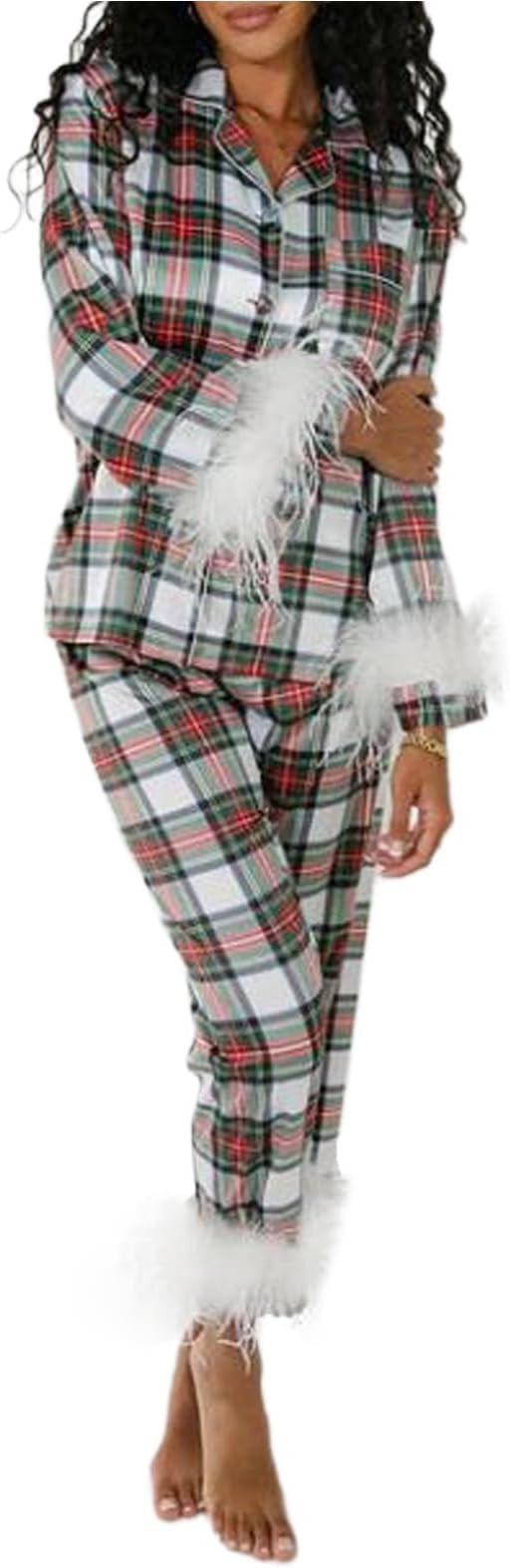 NUFIWI Women Pajamas Set Button Down Long Sleeve Sleepwear Feather Trim Nightwear Loungewear Pjs | Amazon (US)