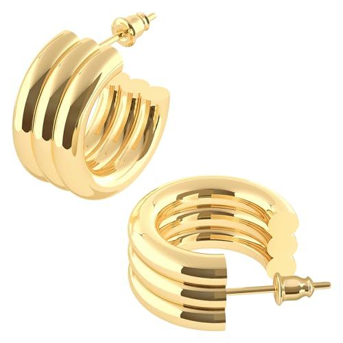 14K Gold Plated Post Thick Huggie Earrings - Hypoallergenic Round Hoop Earrings in Yellow Gold Pl... | Amazon (US)