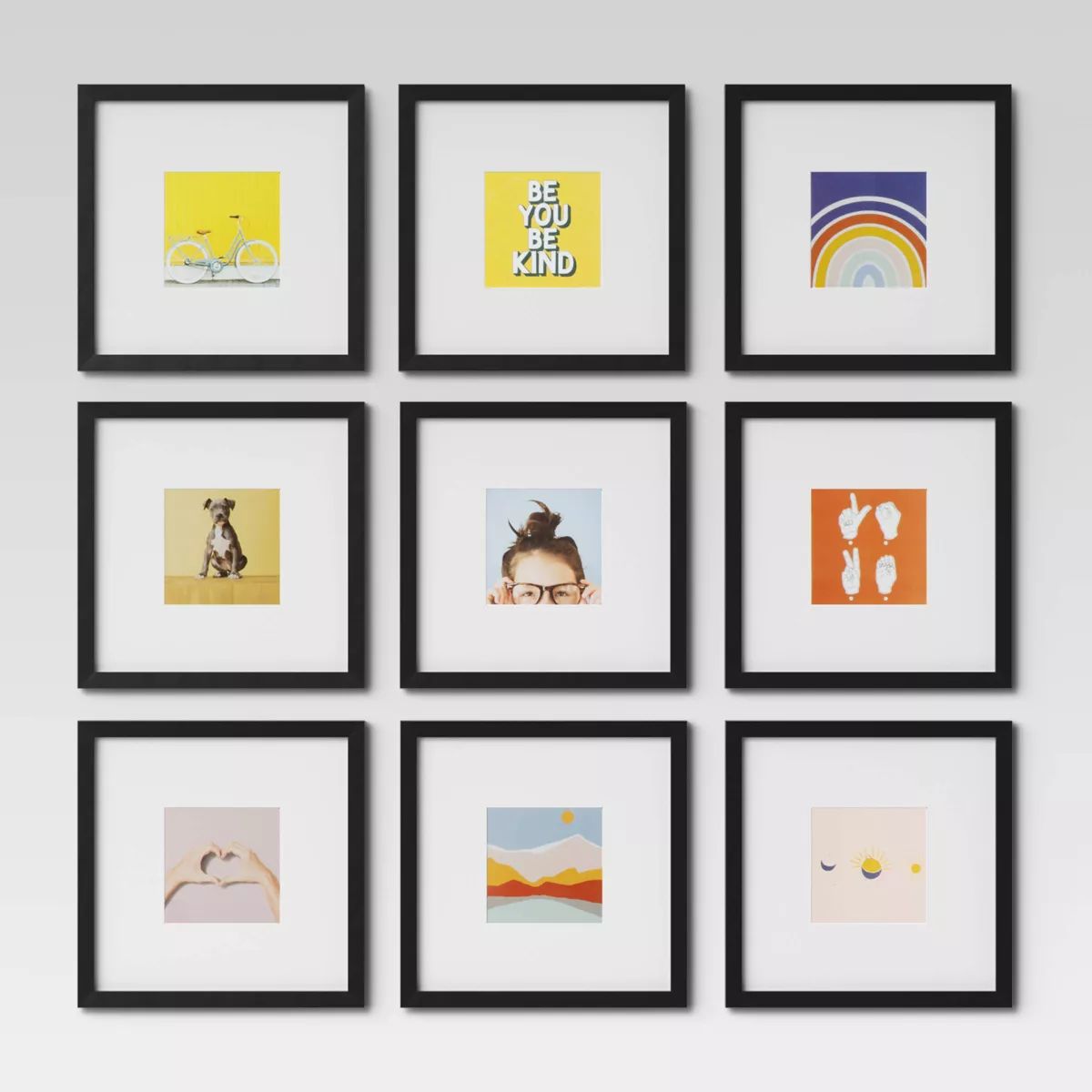 Set of 9 Gallery Frame Set 10" x 10" Matted to 5" x 5" Black - Room Essentials™ | Target