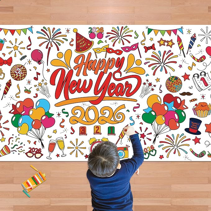OHOME Happy New Year Giant Coloring Poster/Tablecloth - New Years Decorations 2026-30 x 72 Inches... | Amazon (US)