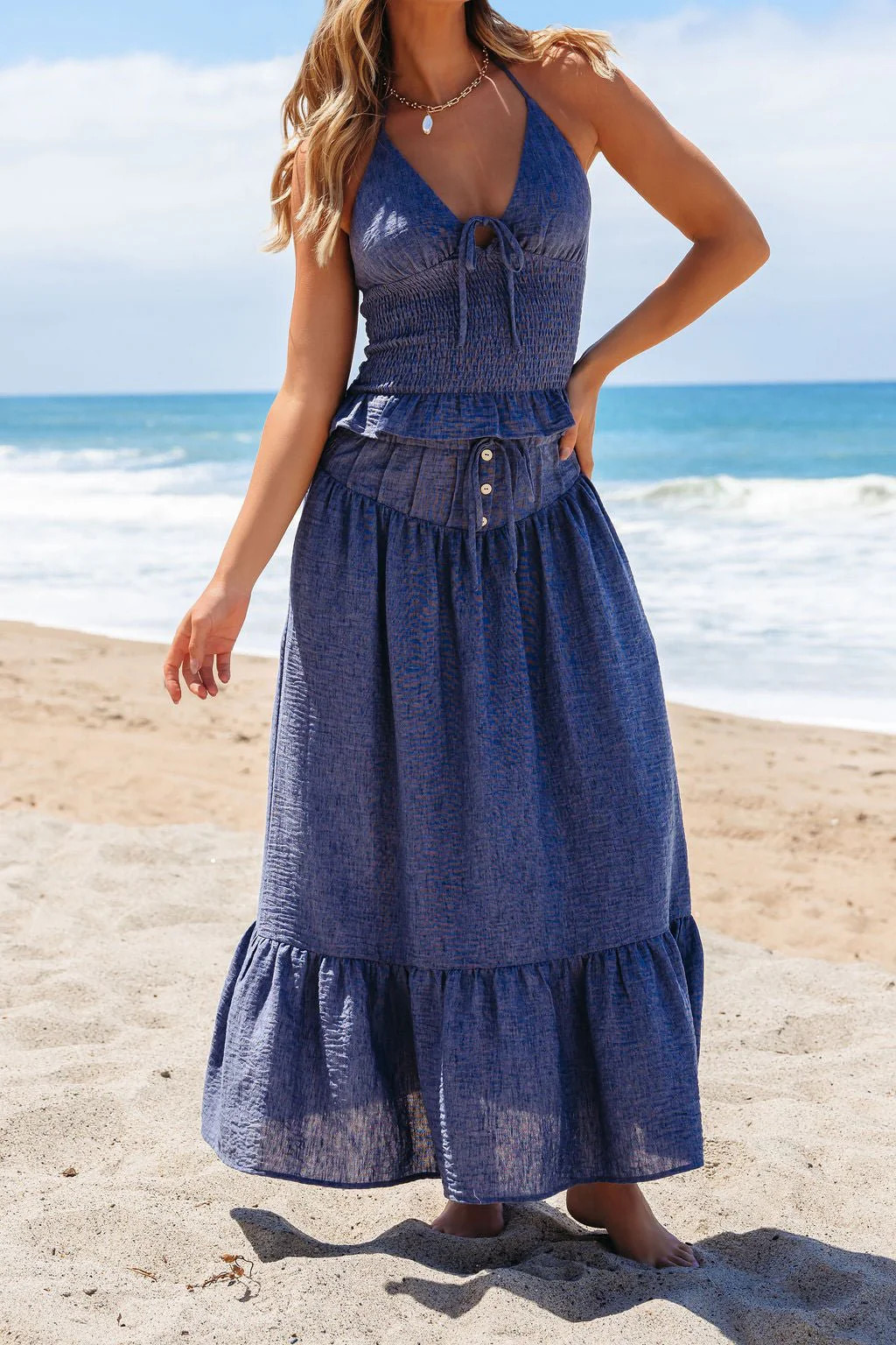 Denim Smocked Ruffle Tiered Maxi Skirt | Magnolia Boutique