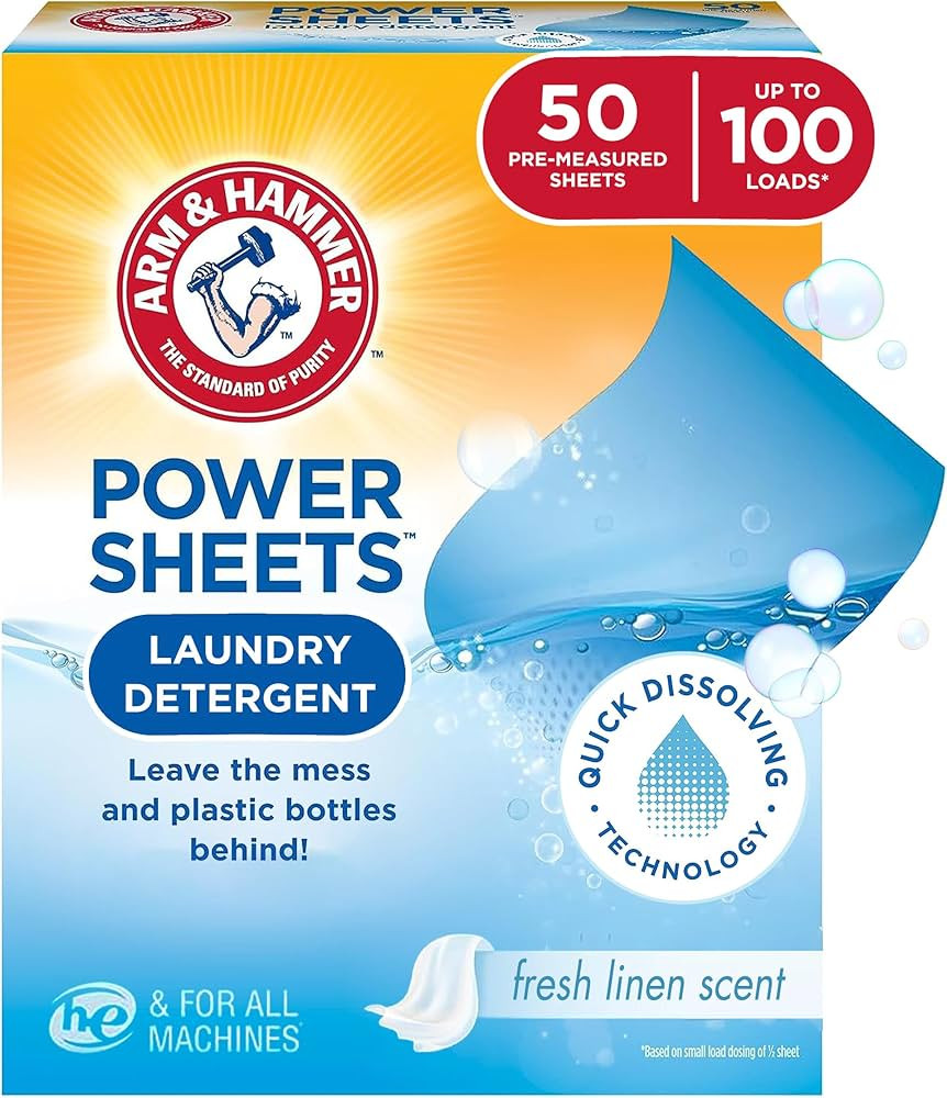 Arm & Hammer Power Sheets Laundry Detergent, Fresh Linen 50ct, up to 100 Small Loads (Packaging m... | Amazon (US)