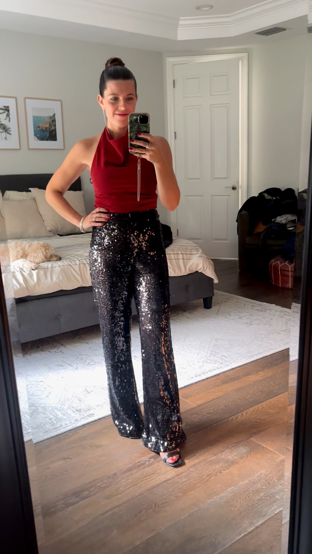 Holiday party outfit for EMERGE. Loving these sequin pants under $50 and these rhinestone holiday earrings. Christmas party outfit. Christmas outfits dressy. Holiday party pants. Holiday party style. H&M  

#LTKHoliday #LTKFindsUnder50