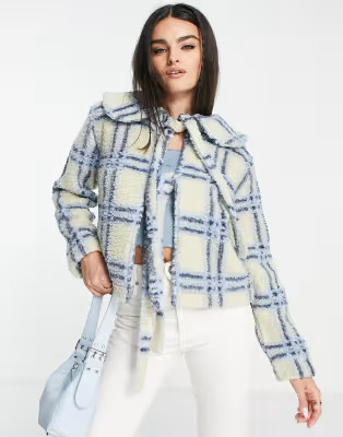 Damson Madder fiber bow-detail borg jacket in blue and cream check | ASOS (Global)