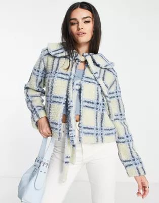 Damson Madder fiber bow-detail borg jacket in blue and cream check | ASOS (Global)