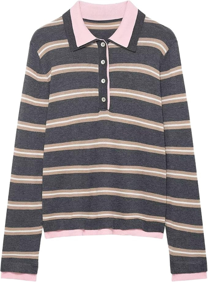 Chevara Women’s Striped Combined Knit Polo Shirt Stylish Oversized Polo Collar Long Sleeve Pull... | Amazon (US)