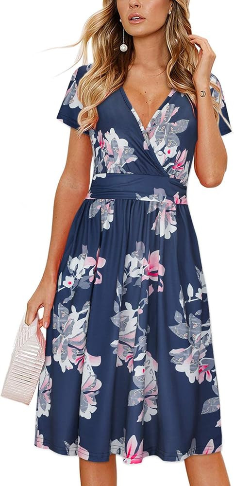 OUGES Women's Summer Short Sleeve V-Neck Floral Short Party Dress with Pockets | Amazon (US)