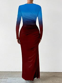 MARZXIN Women Long Sleeve Maxi Dress Bodycon Ruched Formal Slim Fit Tie Dye Dress Formal Mesh Dre... | Amazon (US)