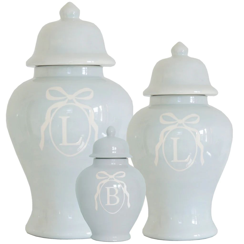 Monogrammed Bow Ginger Jars in Hydrangea Light Blue for Lo Home x Veronika's Blushing | Lo Home by Lauren Haskell Designs