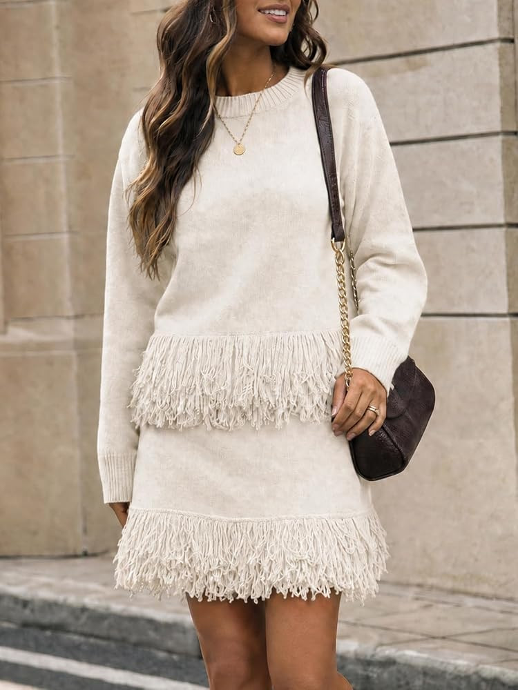 Womens 2 Piece Skirt Sets Fringe Knit Sweater and Mini Skirt Casual Outfits | Amazon (US)