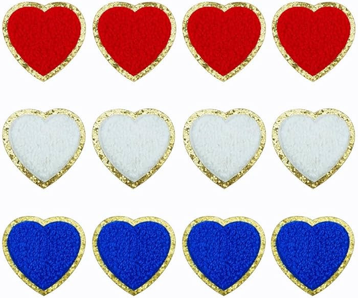 12 PCS Heart Patch Red Blue White Heart Iron On Gold Edges Chenille Patches Patriotic Heart Appli... | Amazon (US)
