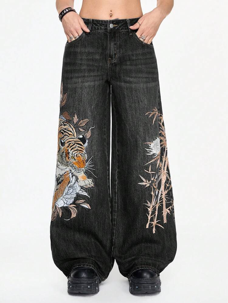 ROMWE Grunge Punk Unisex Vintage Street-Style Chinese Tiger & Floral Embroidery Loose Wide-Leg Low Waist Jeans | SHEIN