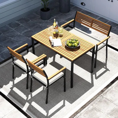 4 PCS Patio Furniture Set with Acacia Wood Frame Umbrella 1 table | Wayfair North America