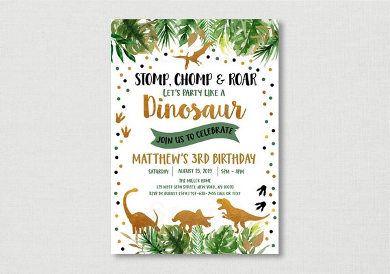 Dinosaur Birthday Invitation / Gold Dinosaur Birthday Invite / Dinosaur Safari / T-Rex / Dinosaur... | Etsy (US)