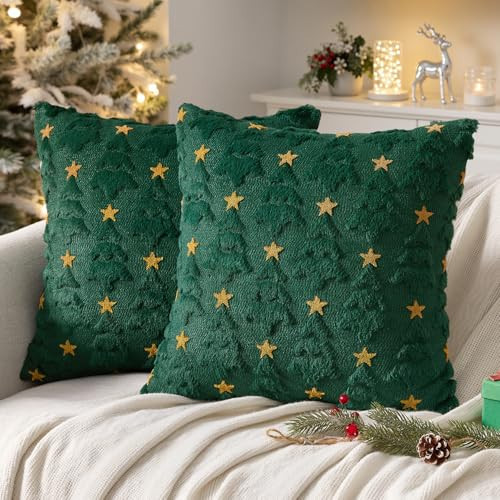 MIULEE Christmas Pillow Covers 18x18 Inch Set of 2, Dark Green Christmas Tree Plush Faux Fur Pillowcases Soft Decorative Throw Pillow Cases for Couch Sofa Living Room Winter Xmas Holiday Home Decor | Amazon (US)