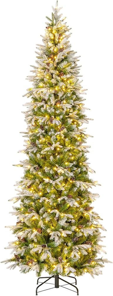 Goplus 9 FT Pre-Lit Pencil Christmas Tree, Artificial Snow Flocked Hinged Fake Slim Xmas Tree wit... | Amazon (CA)
