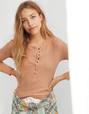 Aerie Heart-Eyes Waffle Henley Long Sleeve T-Shirt | American Eagle Outfitters (US & CA)