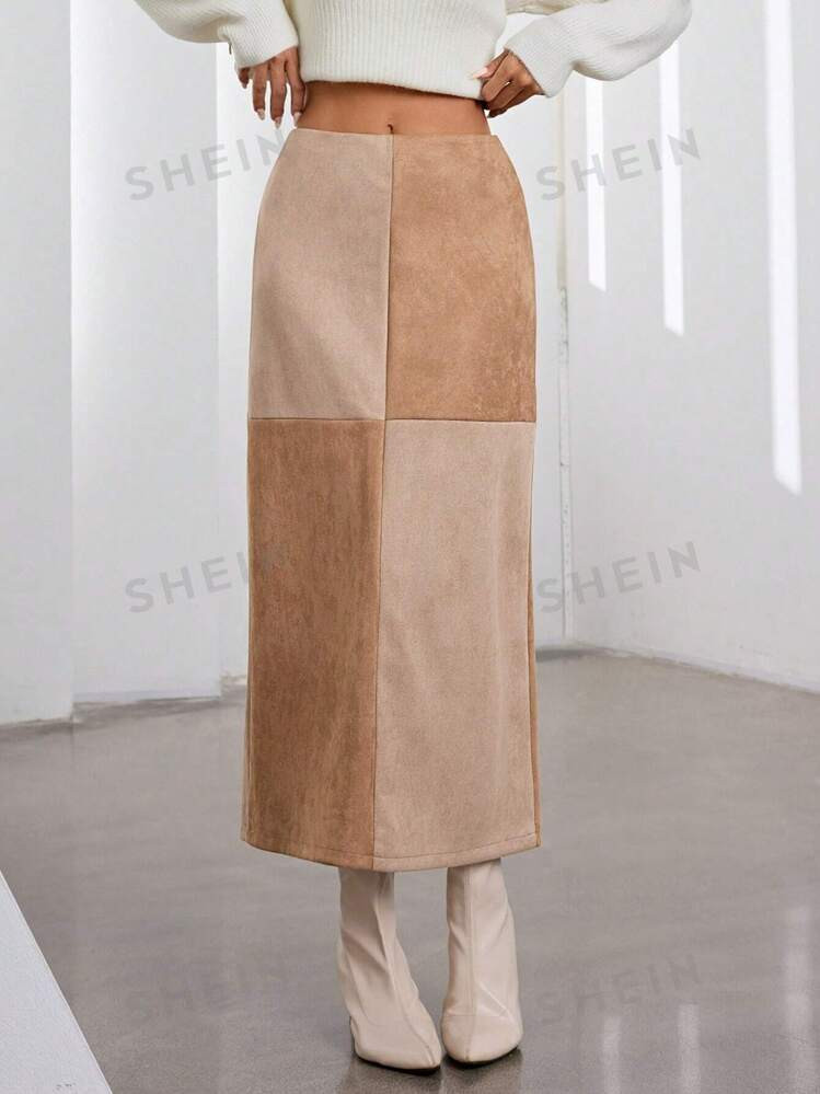 SHEIN Modichic Women's High Waist Suede Patchwork Color Block Split Hem Fitted Pencil Skirt | SHE... | SHEIN