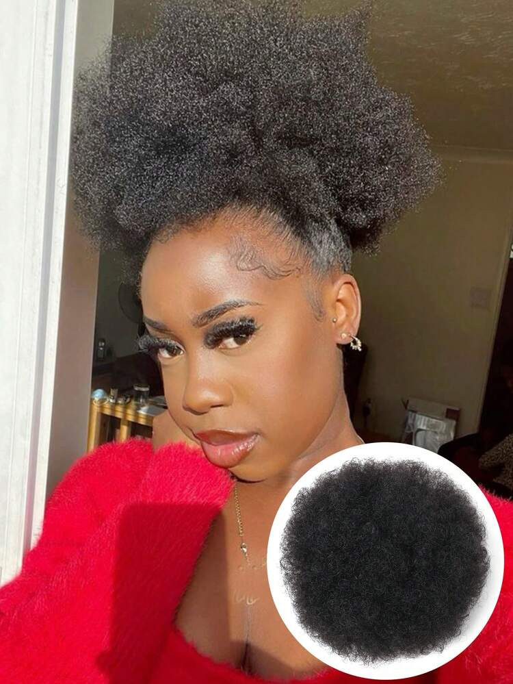 1pc Black Afro Curly Hair Buns Updo Chignon Drawstring Ponytail Extension Women Short Twisted Curly  | SHEIN