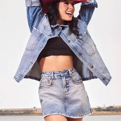 Mini Saia Jeans Feminina com Aplicação Ana Castela | SHEIN