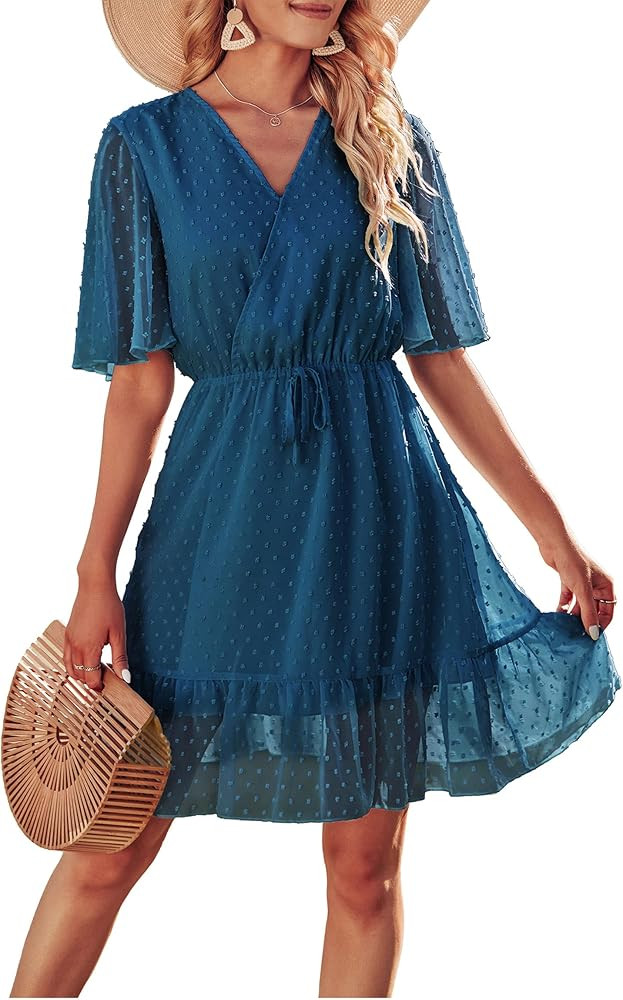 KIRUNDO Women's 2023 Summer Dresses Casual Short Sleeve V Neck Ruffle Leopard Print High Waist Fl... | Amazon (US)