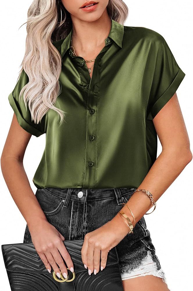Zeagoo Silk Blouse for Women Short Sleeve Satin Button Down Shirts Casual Loose V-Neck Business W... | Amazon (US)