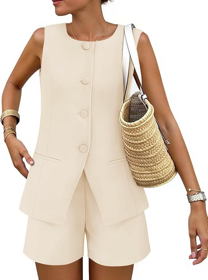 ZESICA Women's 2025 Summer 2 Piece Short Sets Sleeveless Crew Neck Suit Vest Tops High Waist Shor... | Amazon (US)