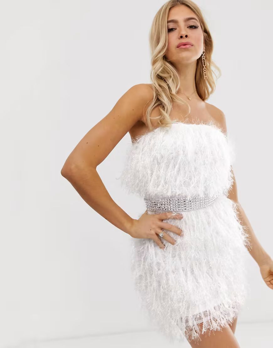 ASOS DESIGN faux feather diamante belt mini dress-Multi | ASOS (Global)