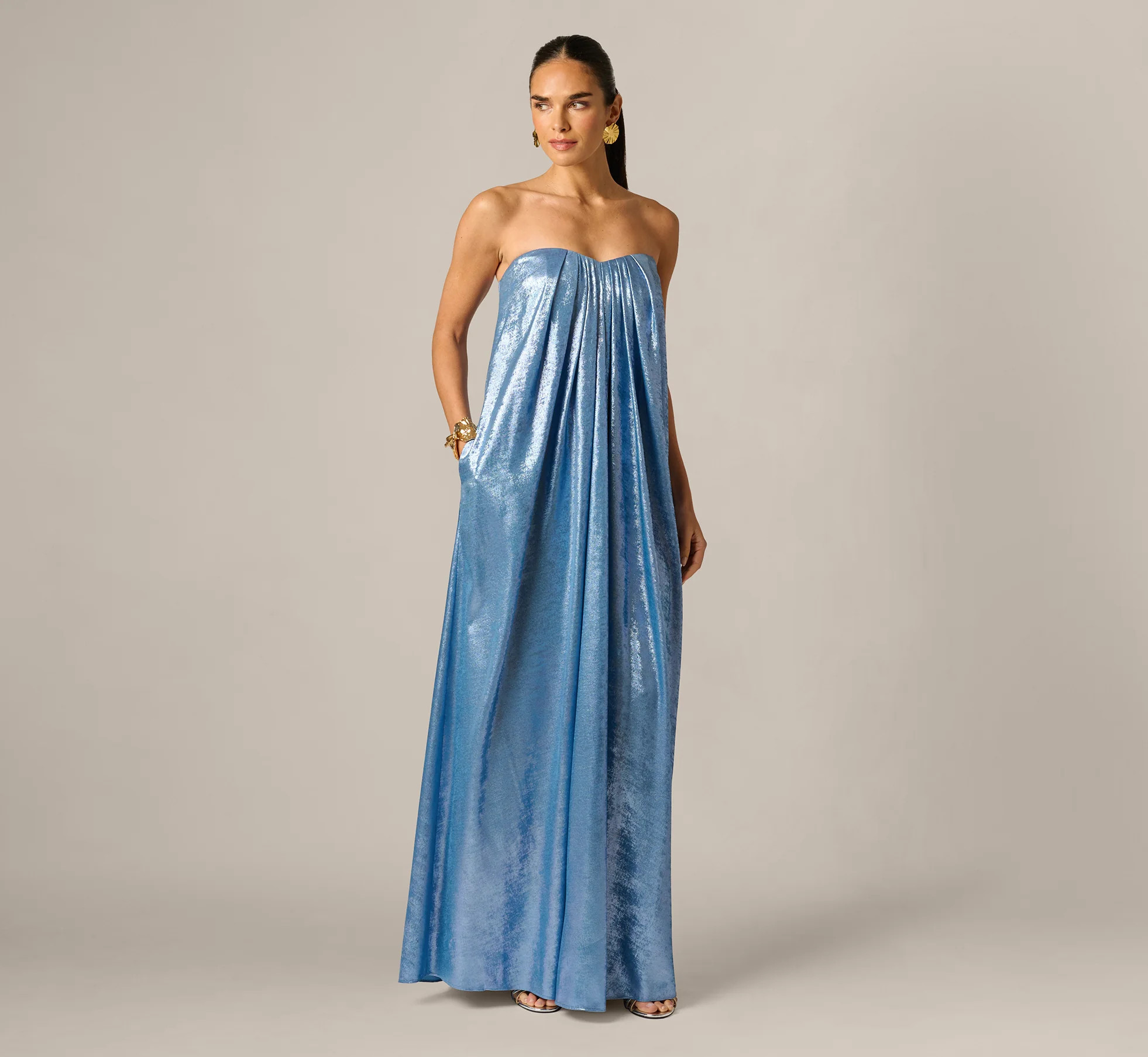Strapless Foil Chiffon Trapeze Gown In Azure Blue | Adrianna Papell