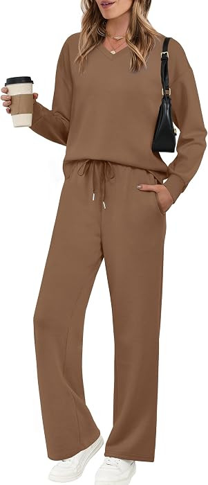 WIHOLL Lounge Sets for Women 2026 V Neck 2 Piece Outfits Airport Wide Leg Pants Matching Set Swea... | Amazon (US)
