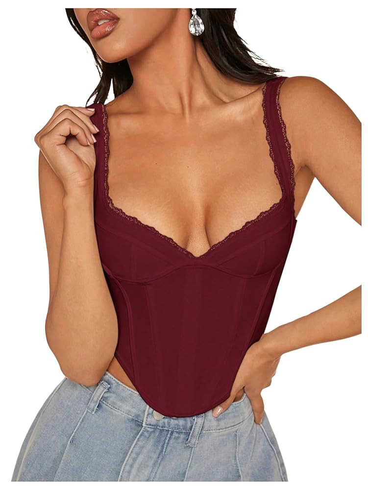 Milumia Women's Lace Trim Sweetheart Neck Corset Tops Sexy Boned Bodyshaper Bustier Tops | Amazon (US)