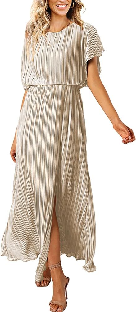 ECOWISH Womens Summer Maxi Dresses: Crew Neck Ruffle Cocktail Dress Sexy Pleated Slit Long Sundre... | Amazon (US)